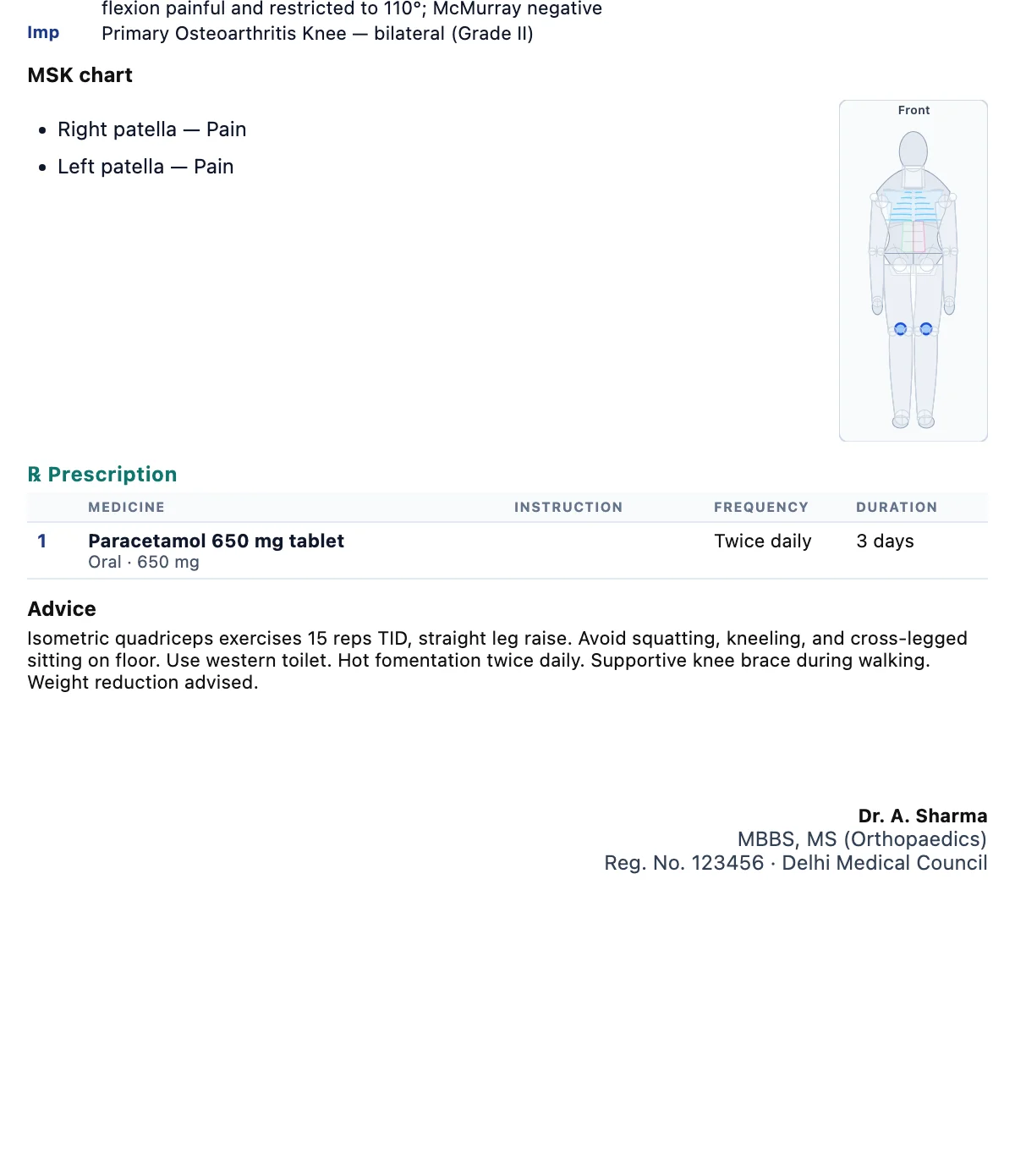 A printed Medabha prescription for a demo patient with knee osteoarthritis: complaints, examination and impression, the MSK body chart with both knees marked, one medicine with dose, frequency and duration, advice, and the doctor's name, qualification and registration number with the state council