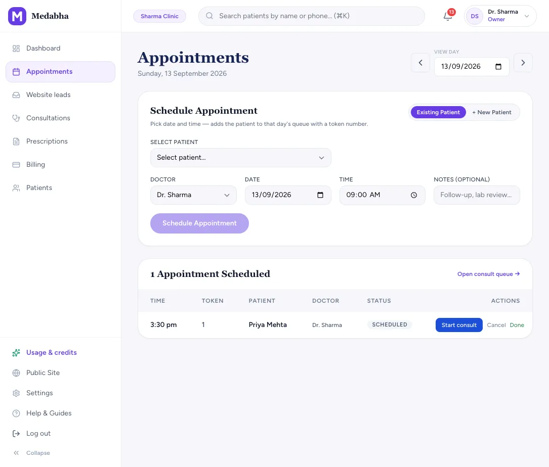 Medabha appointments screen scheduling a patient and listing the day's appointments with token numbers