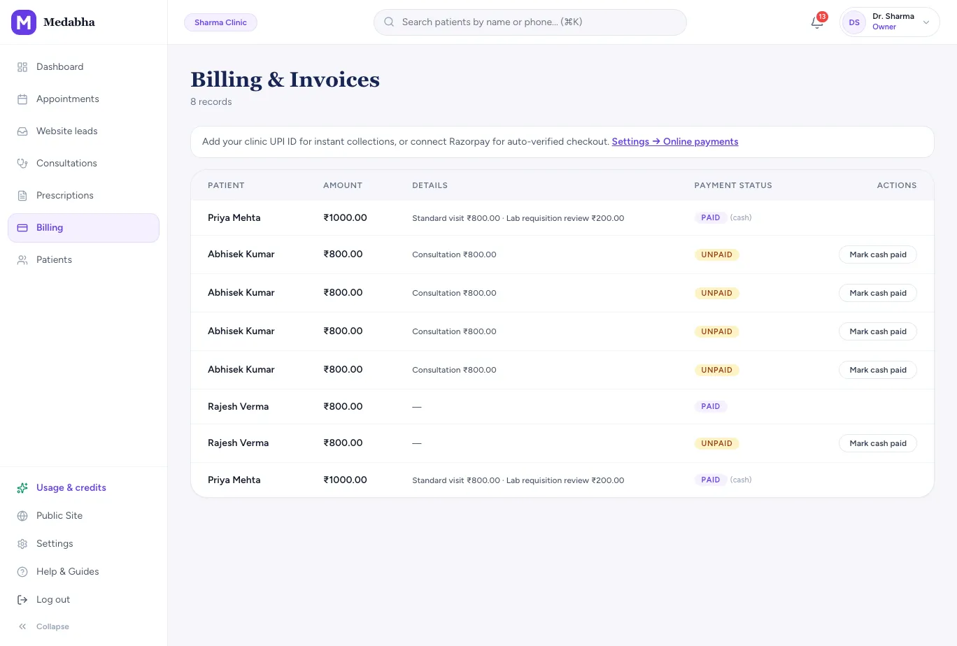 Medabha billing and invoices list showing paid and unpaid visit invoices