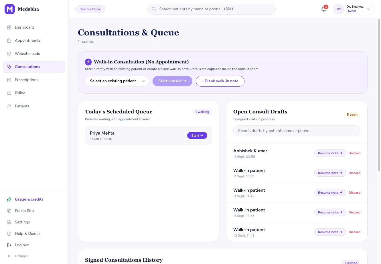 Medabha consultation queue with a walk-in consultation and open consult drafts