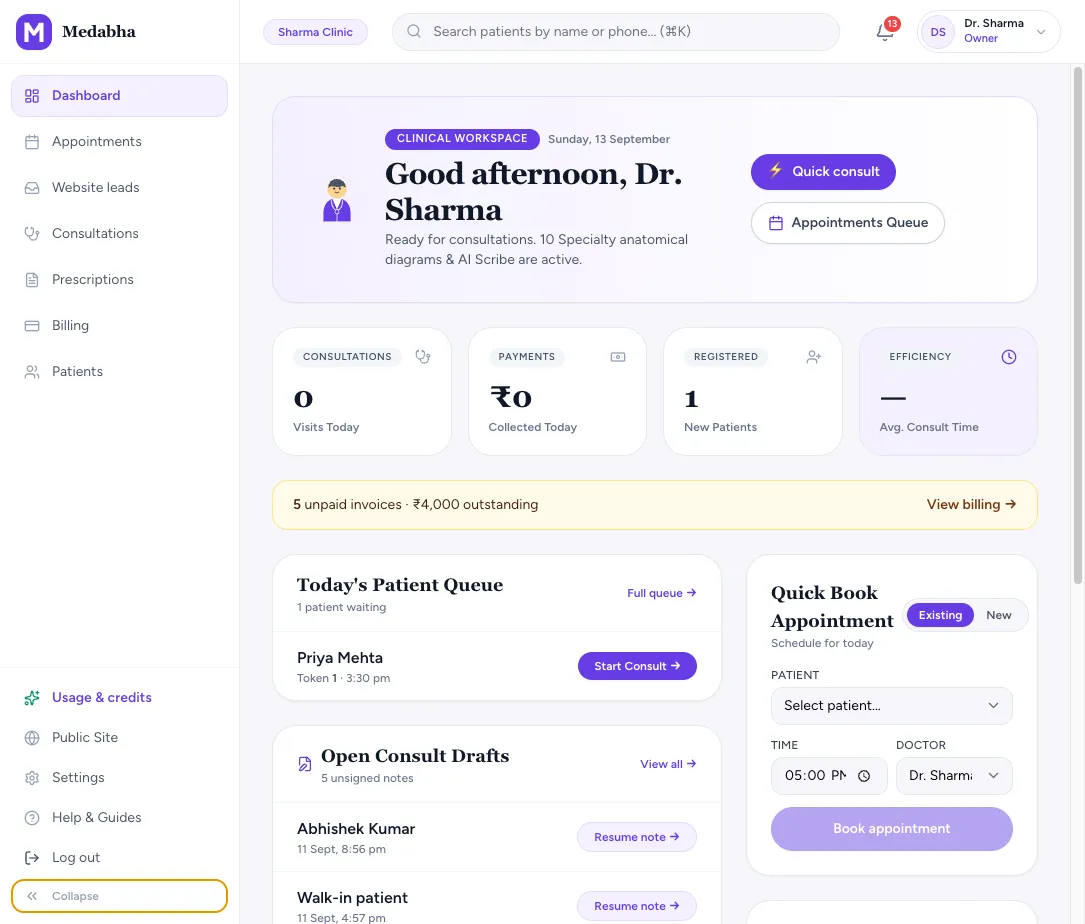 Medabha doctor dashboard showing quick consult, today's patient queue and billing summary