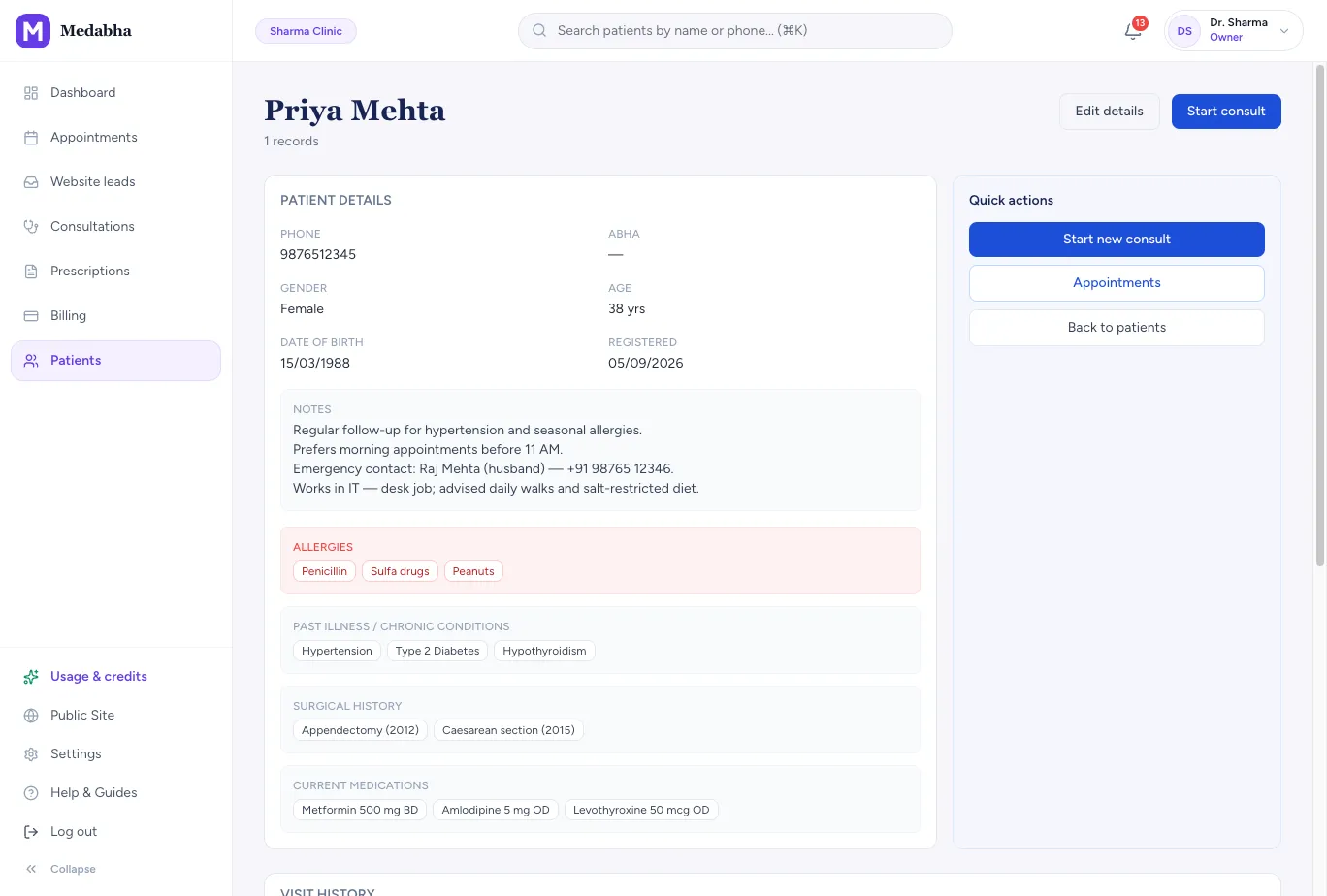 Medabha patient profile showing demographics, allergies, chronic conditions and surgical history