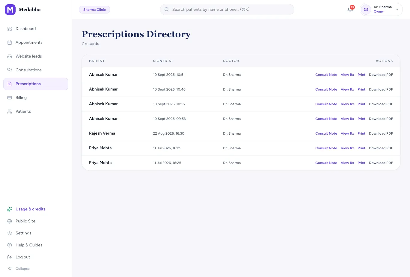 Medabha prescriptions list showing signed prescriptions with options to view, print and download